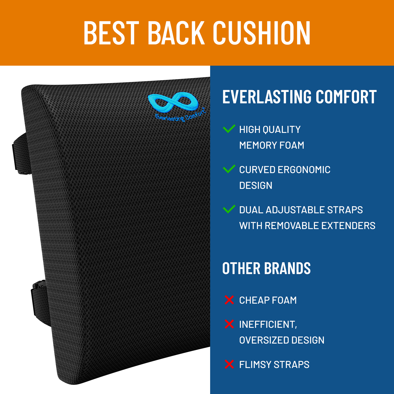 Everlasting Comfort Lumbar Support Pillow for Office Chair Memory Foam Back Cushion, Black - image 2 of 9