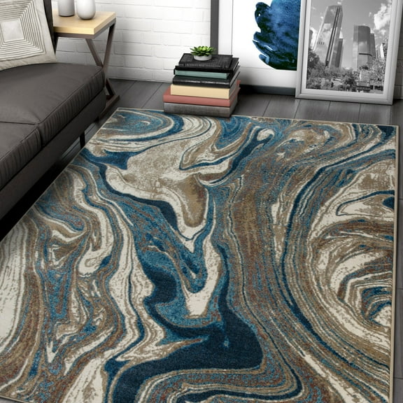 Allstar Rugs  Abstract Themed Polypropylene Area Rug 5' 0" x 6' 11" - Storm Blue