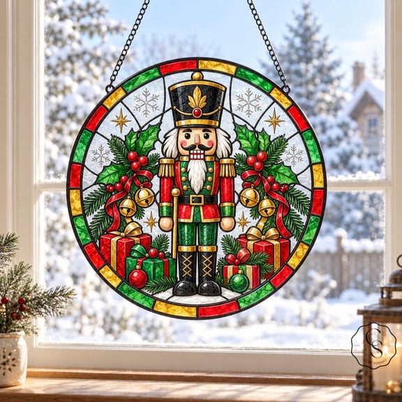Window Hanging Nutcracker Soldier Stained Glass Christmas Decoration for Holiday Gift Giving