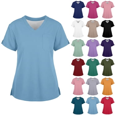 Laqbezok Women's V-Neck Nursing Uniform Top, Professional Short Sleeve Shirt, Medical Workwear with Chest Pocket and Side Slits