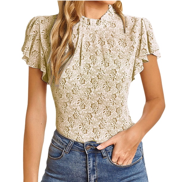 Moda mujer Casual impresión cuello redondo jerseys manga corta blusa camiseta Tops Fridja bn2175