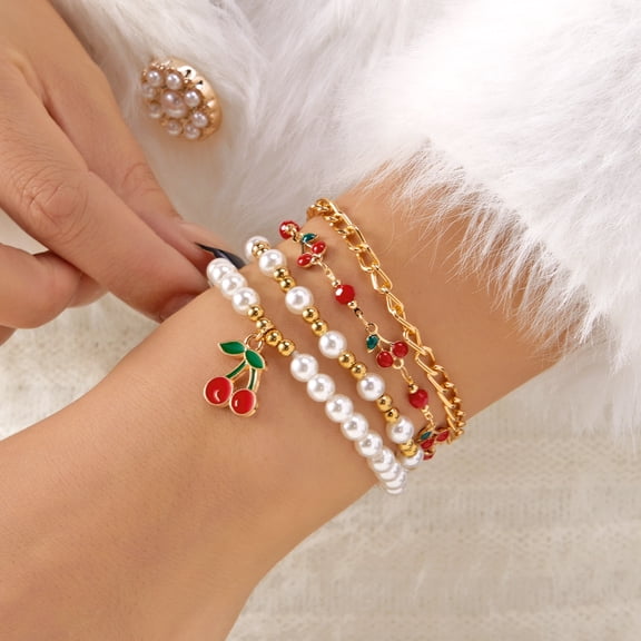 SKQIT Dainty Gold Imitation Pearls Cherry Charm Bracelets Set for Women,Cute Beaded Fruit Stackable Bracelet,Statement Birthday Party Jewelry Accessories Gifts