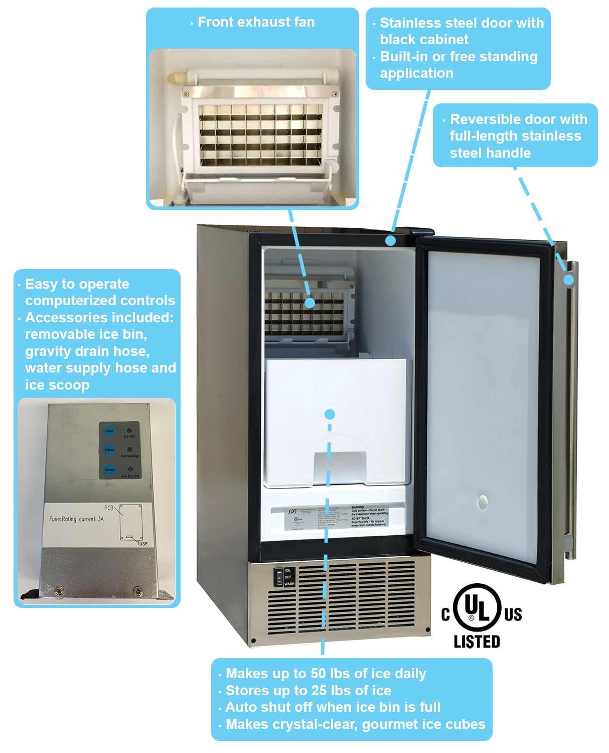 Sunpentown 50LBS Stainless Steel Under-Counter Ice Maker