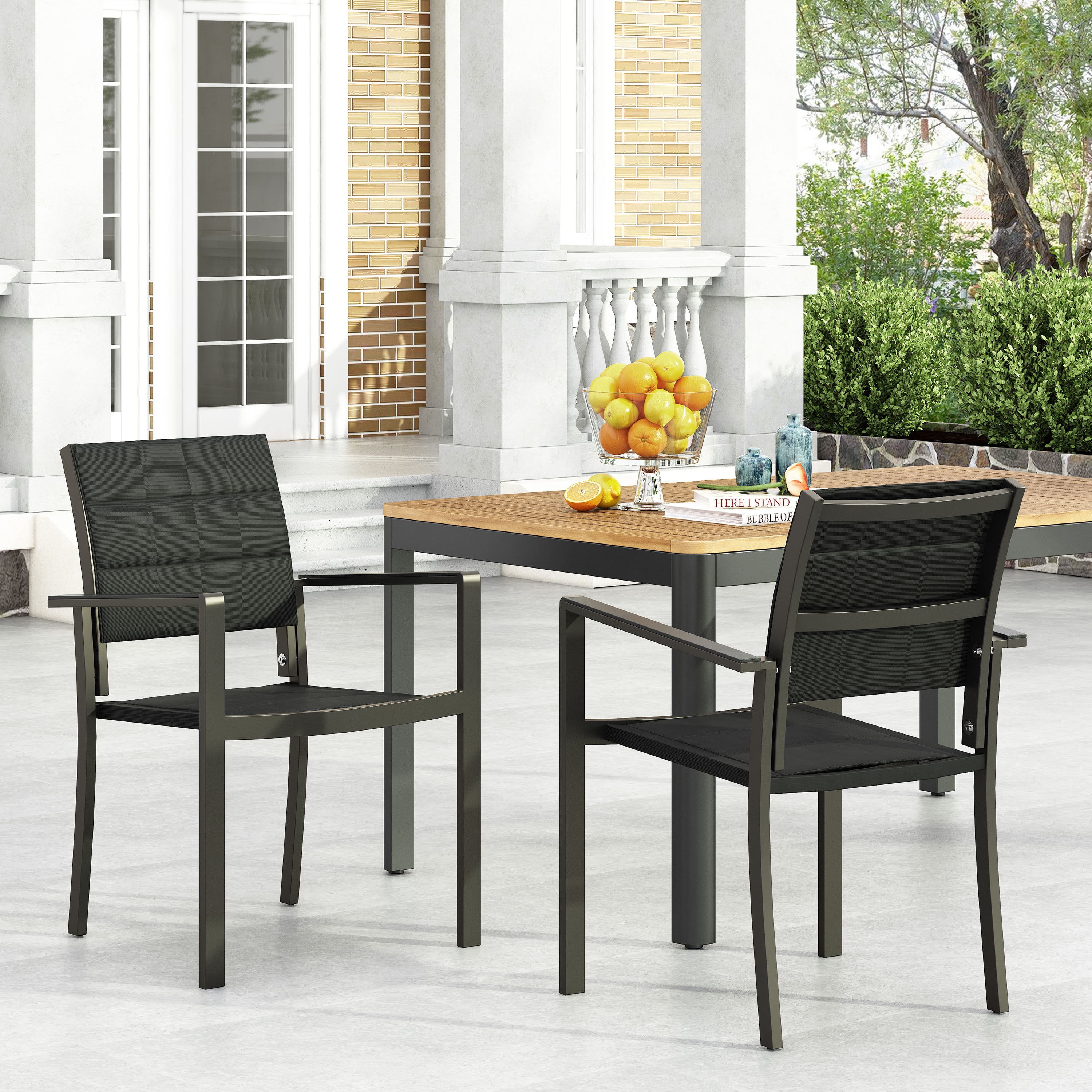 Outdoor Dining Chair Set of 2, Mesh Surface Aluminum Frame Seats for Patio Garden, Black