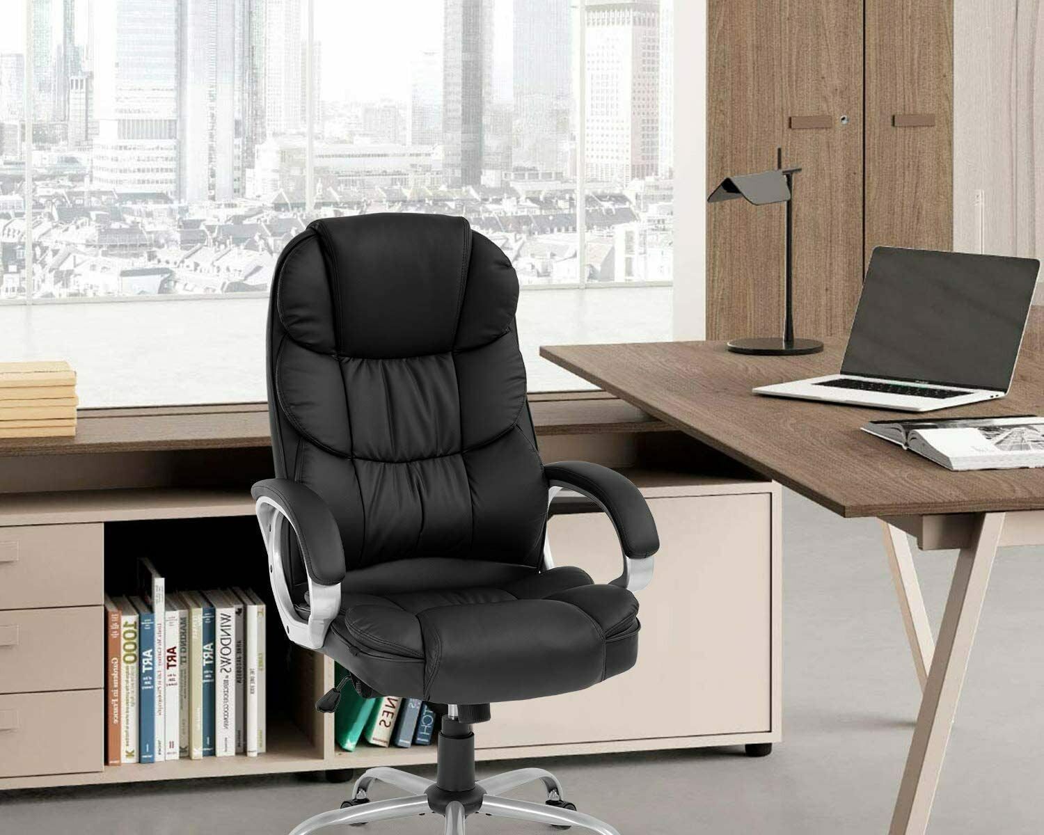 Black PU Leather High Back Office Chair Executive Task Ergonomic Computer Desk 