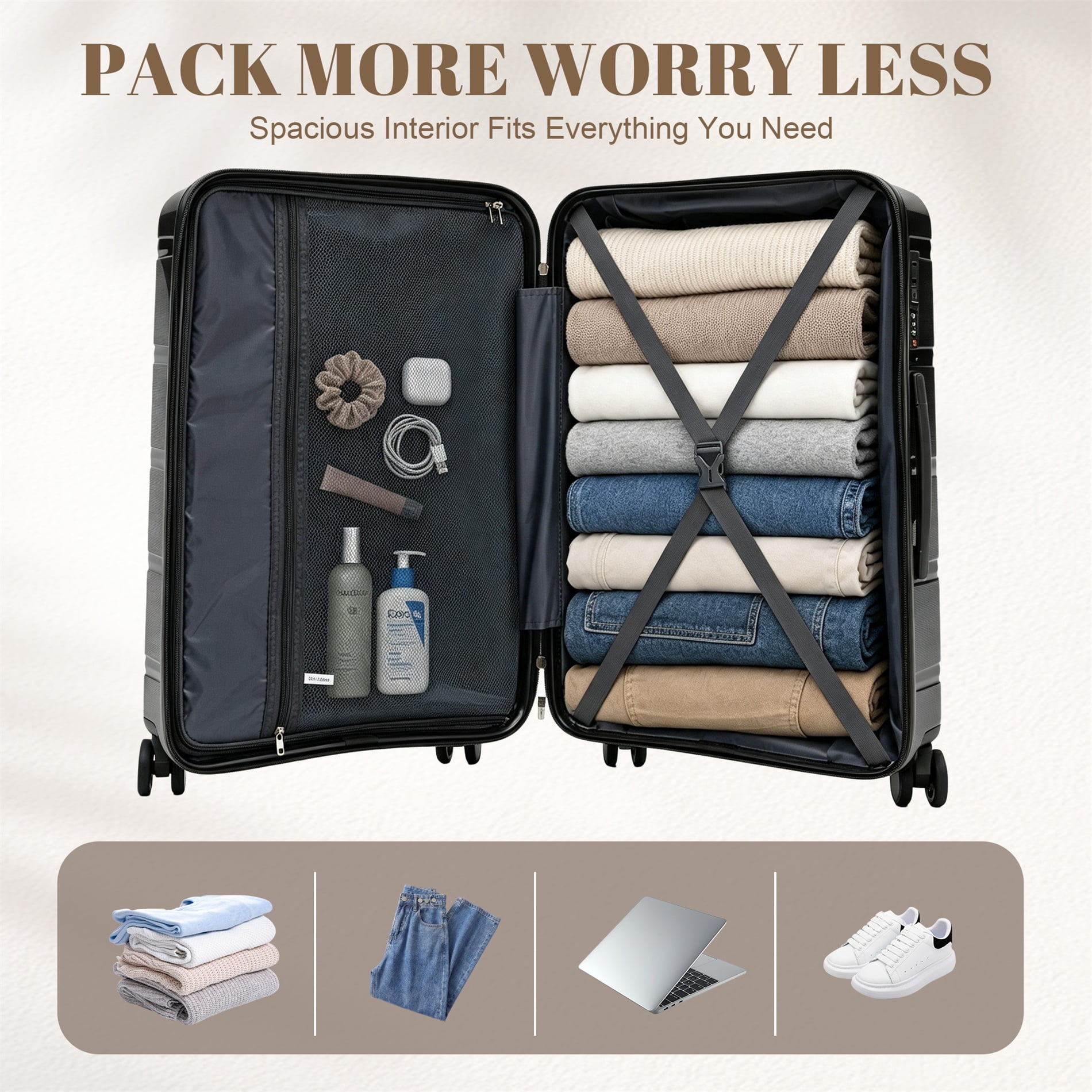 Alvantor 3 Piece Hardshell Luggage Set PP Hardside Suitcase with Iron Telescopic Handle Side Hook 20"24"28"(Black)