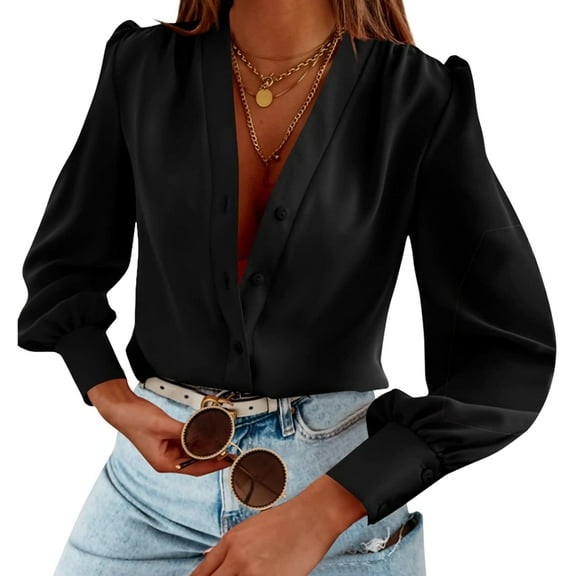 Women'S Business Casual Tops Summer Long Sleeve Button Down Shirts V Neck Chiffon Blouses Black S