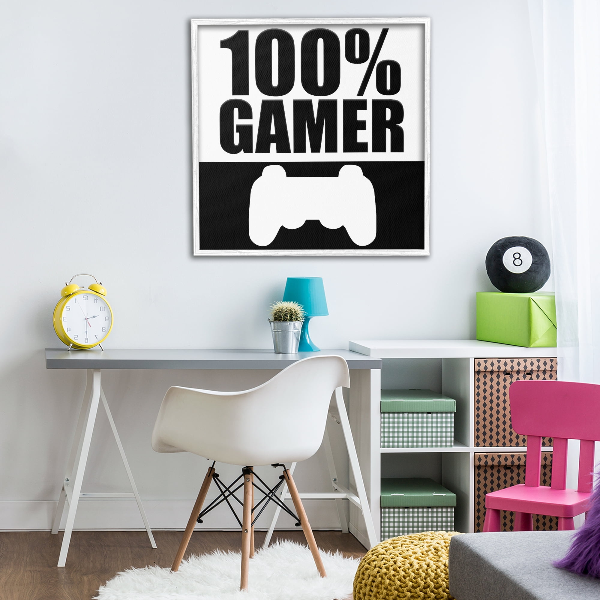 100% Gamer Black & White White Framed Giclee Art, design by Kim Allen