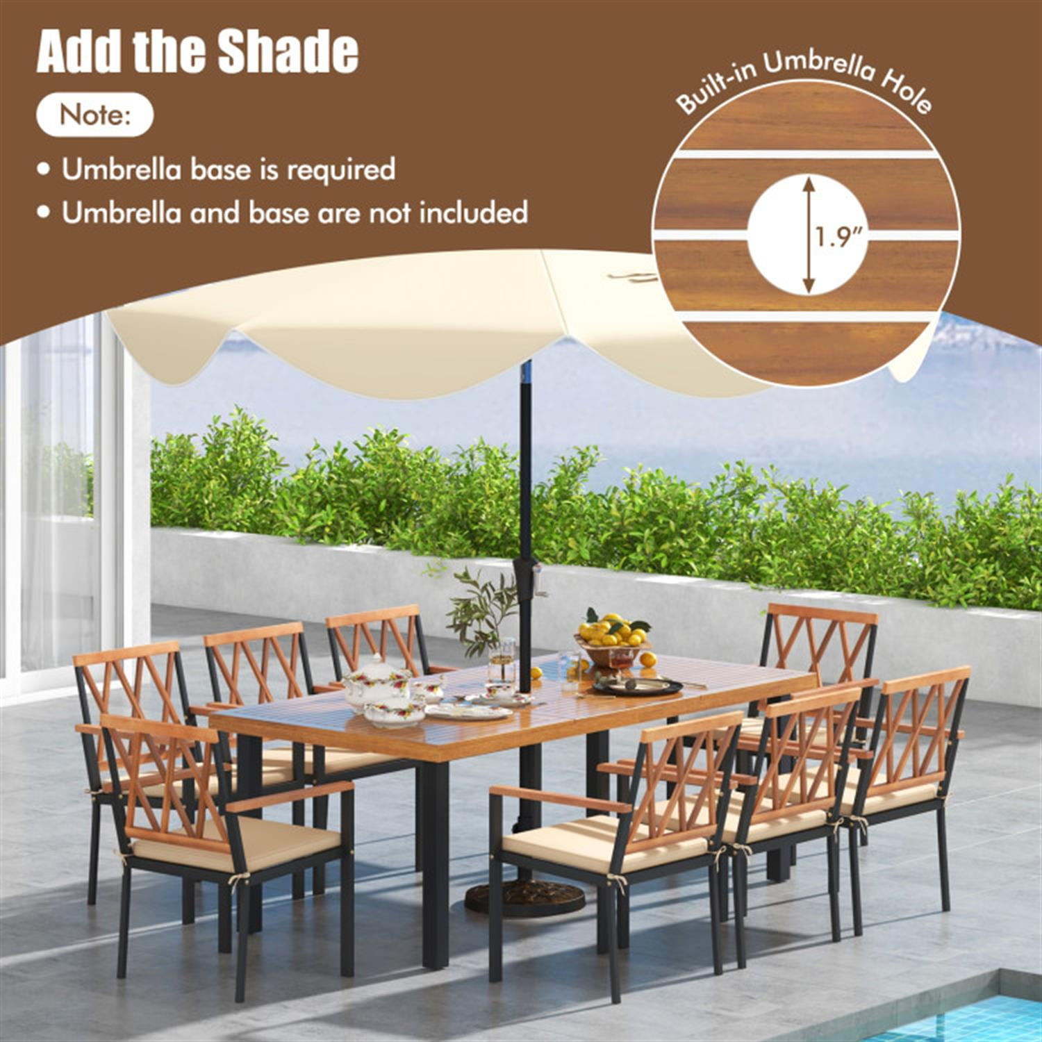 Demi Bonn 9 Pieces Patio Dining Furniture Set, 39.5" Acacia Wood Table with Umbrella Hole and 24, Wide Chairs, Beige-B