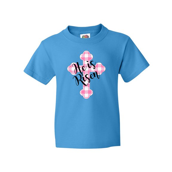 Inktastic He is Risen Pink Plaid Cross Youth T-Shirt