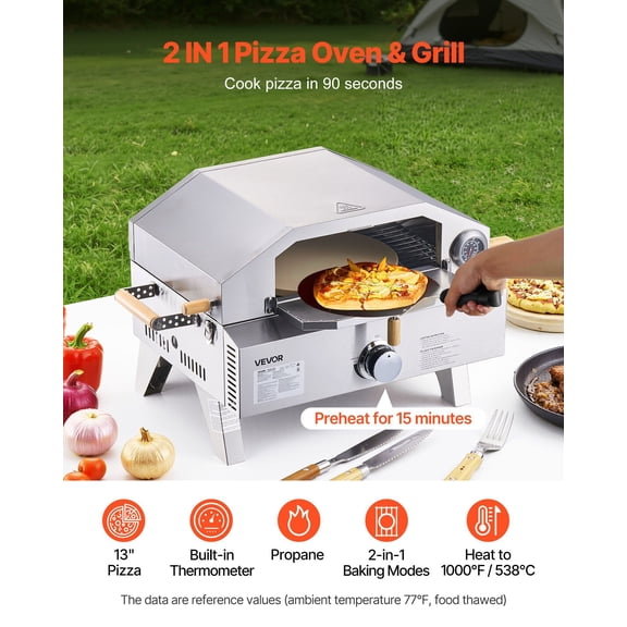Outdoor Pizza Oven, 13 in Gas Fired Pizza-Maker, Portable Outside Gas Oven with Thickened Cordierite Pizza-Stone, and Built-in Thermometer, Pizza or Grill Two Modes, for Camping & Backyard