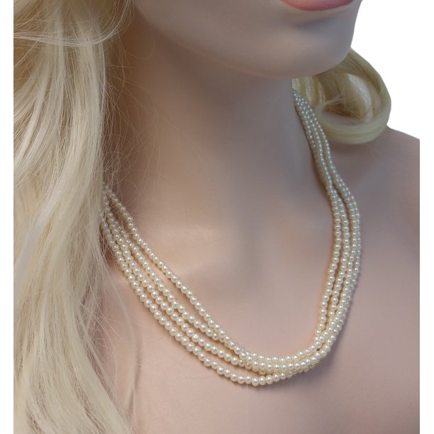 Faux Pearl Four Strand 4mm Beaded Necklace 22"