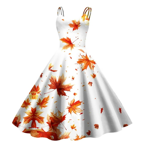 Women's Fashionable Thanksgiving Printed Strap Zipper Casual Retro Long Dress (5)