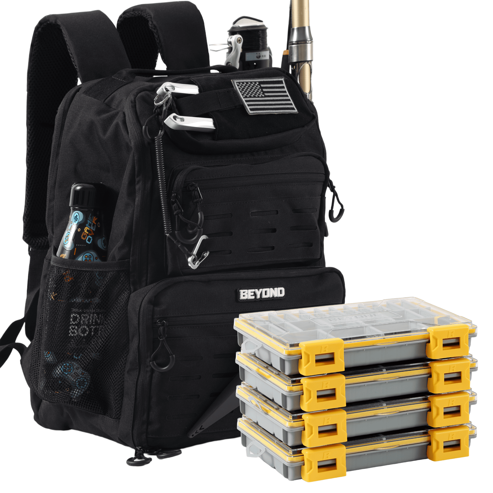 Beyond Fishing Tackle Backpack 40L Canvas with 4 3600 Tackle Boxes