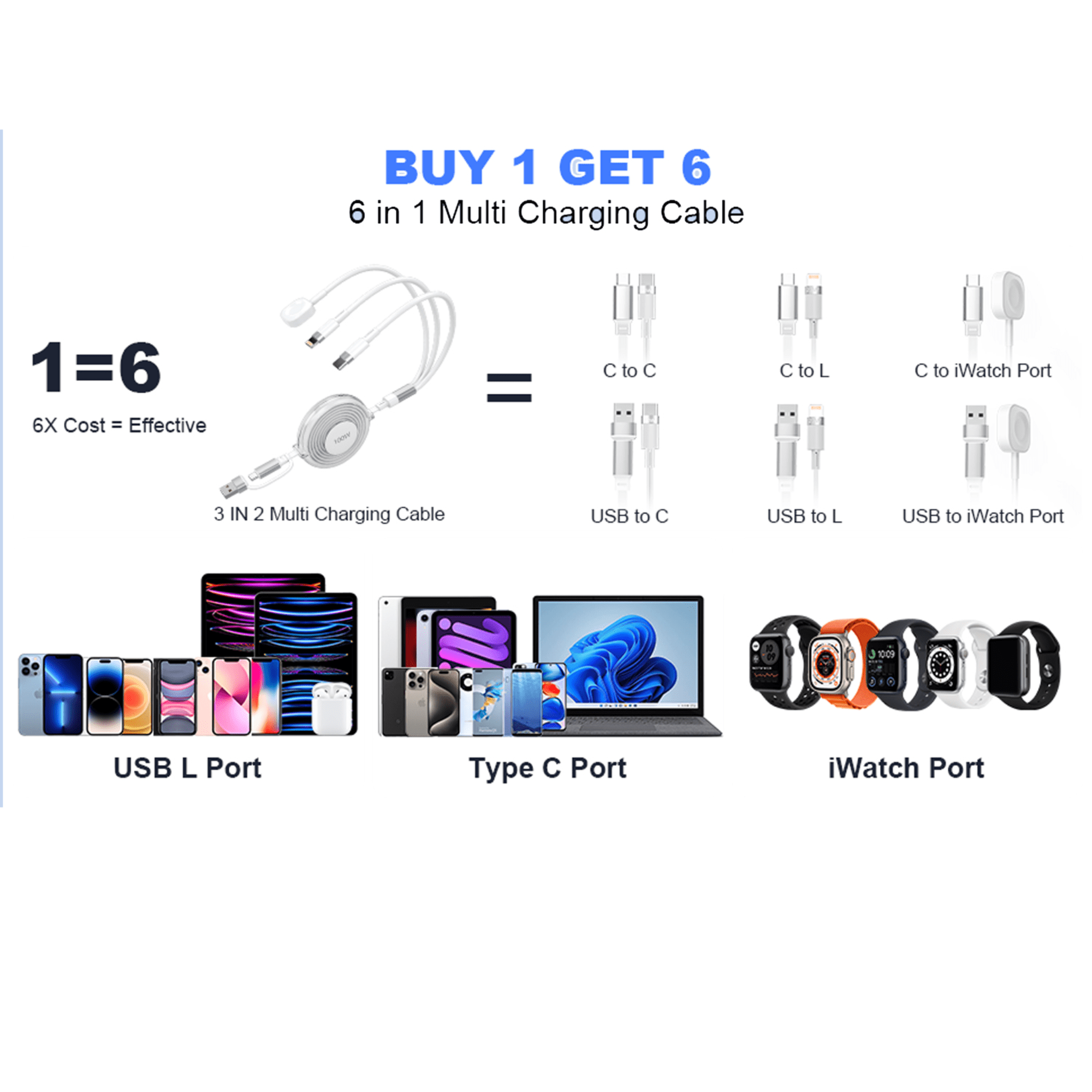 3-in-1 Retractable Multi Charger for Apple Watch - 100W Retractable Charging Cable with Apple Watch Charger, USB-C, Lightning USB cables for iWatch/iPhone 16/15/14/13/12/Android/iPad/Tablet/Laptap