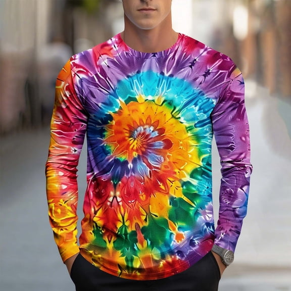 SGFCWSX Men's Long Sleeve T-Shirt Crew Neck Tie Dye Print Regular Fit Casual Streetwear Top Gold Size M