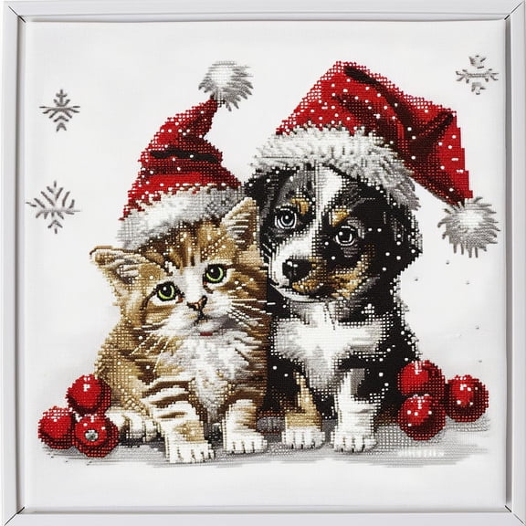 Cute Cat and Dog in Christmas Hats DIY 11CT Stamped Cross Stitch Kits for Beginners Easy Needlepoint Embroidery Counted Cross Stitch Art Craft for Wall Decoration 14x14inch(1)