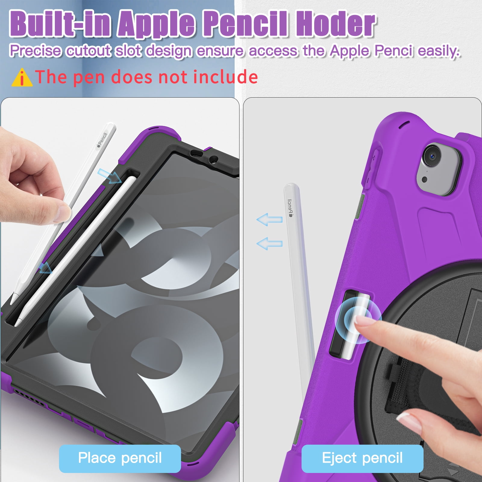ELEHOLD Case For Apple iPad 11th(A16) 2025/10th Gen 2022, Military Grade Silicone Hybrid Rugged Case with Pencil Holder Rotating Stand Hand/Shoulder Strap,Purple