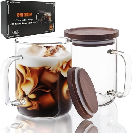 Glass Coffee Mugs Cups with Acacia Wood Lid 20 oz, Glass Mug Set of 2, Large Coffee Mug with Handles, Coffee Mugs for Latte, Espresso, Tea
