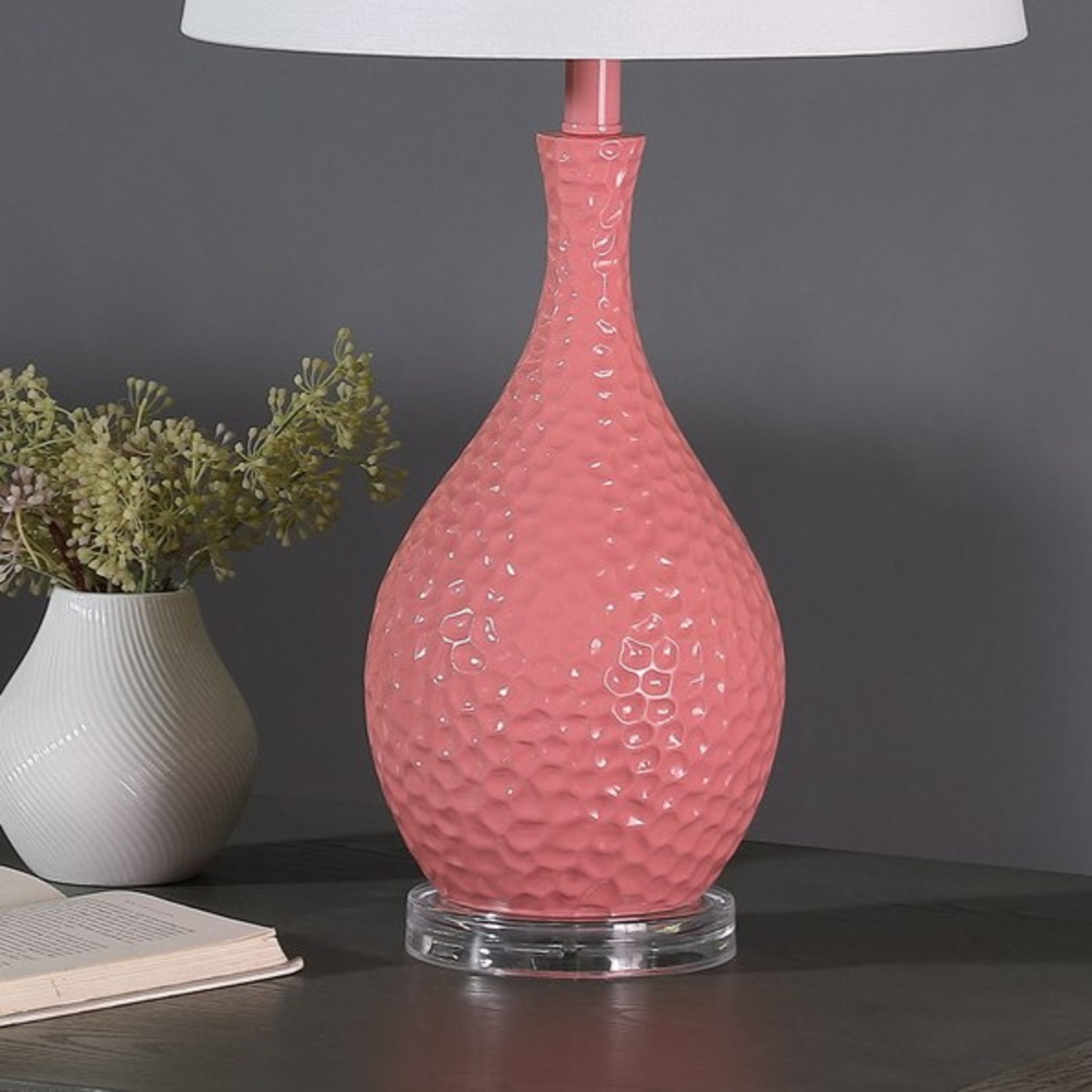Noble House Telli 28" Pebble Table Lamp, Mid-Century Resin Body, White Semi-Drum Shade, E26 Light Bulb, Pink