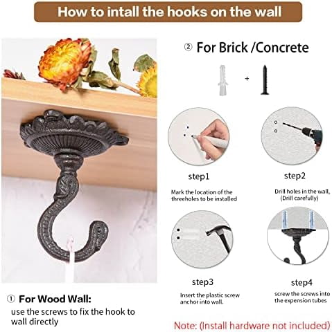 Heavy Duty Ceiling Hooks for Hanging Plants, 3PC Black 3.5x3.9Inch Large Cast Iron Ceiling Hooks, Antique Decorative Ceiling Swag Hooks for Hanging Planter Chandelier Wind Chime Lantern Hanger