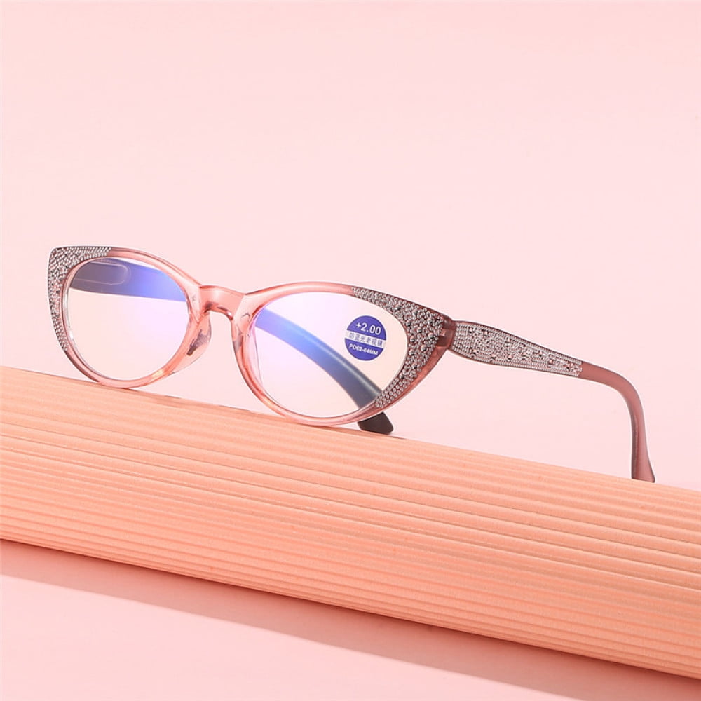 5 Pairs of Pink Cat Eye Blue Light Blocking Reading Glasses 2.00 for Women Fashion Diamond Presbyopic Glasses Ladies Spring Hinges HD Readers +2.00 Strength