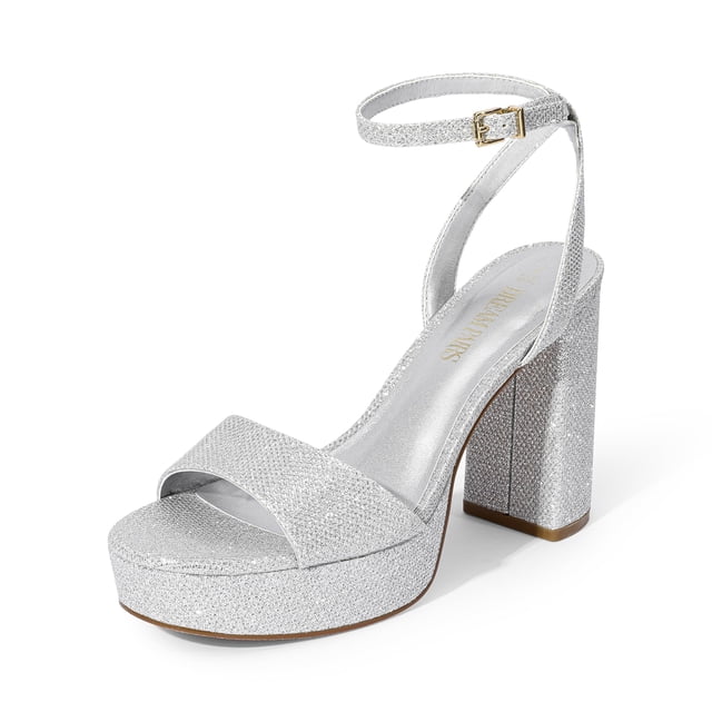 Sandalia DREAM PAIRS Plataforma con Tacón Grueso y Brillo Plateado de 10.5 cm