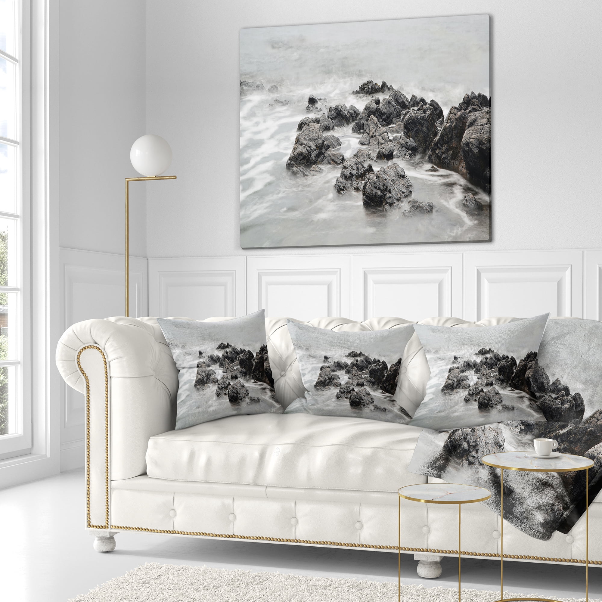 Designart Black and White Rocky Coastline - Seashore Throw Pillow - 18x18