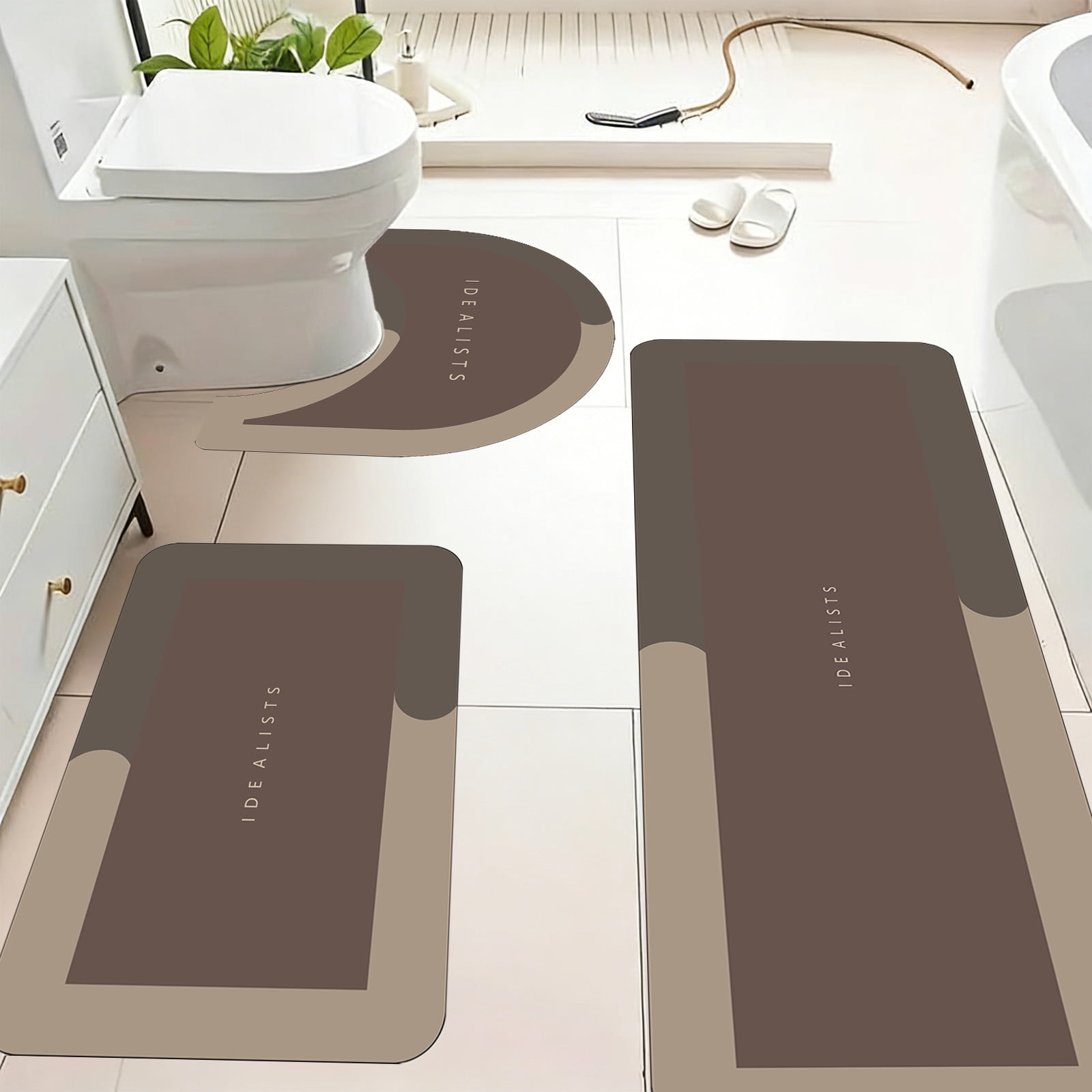 AuroraX Stone Bathroom Rug Set 3 Piece with Brown Absorbent Non Slip Rubber-Backed Diatomaceous Earth Bath Mat Long Rug Runner U-Shaped Toilet Rug Quick Dry Washable Bath Rug Set for Bathtub Home