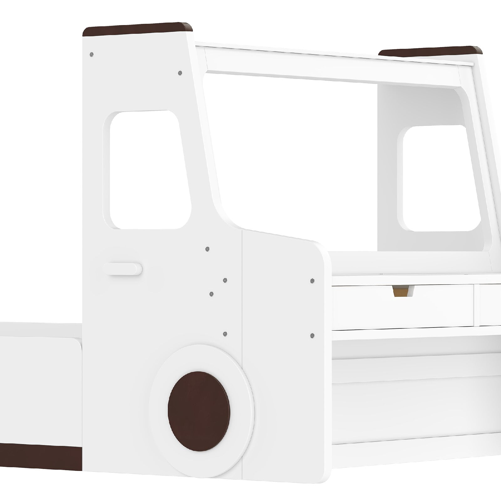 Twin Size Floor Bed Frame with Interesting Car-shape Design and Build-in Desk, Car Floor Bed with Storage Drawers and Small Window for Bedroom, Apartment, Easy Assembly, Mattress Not Included, White