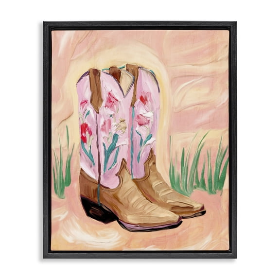Floral Pinks Boots Black Framed Floater Canvas Wall Art, design by Kim Allen