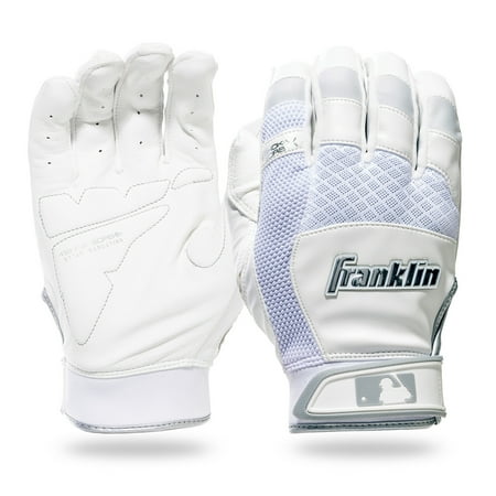 Franklin Sports MLB Baseball Batting Gloves - Shok-Sorb X Batting Gloves for Baseball + Softball - Adult + Youth Padded Non-Sting Pair - White + Chrome - Youth Large