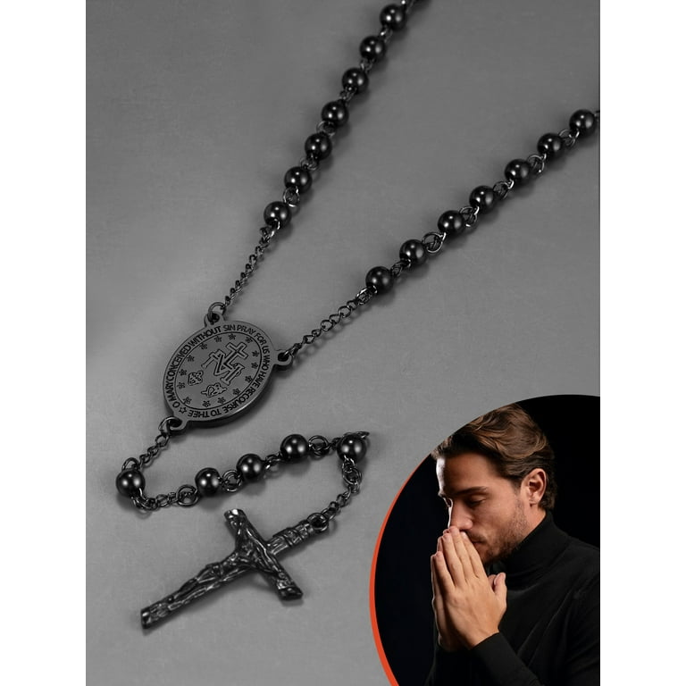 Rosary cross Necklace y2k 十字架　ハート　マリア FaithHeart Black Rosary Necklace, Virgin Mary Holy Bead, Christian