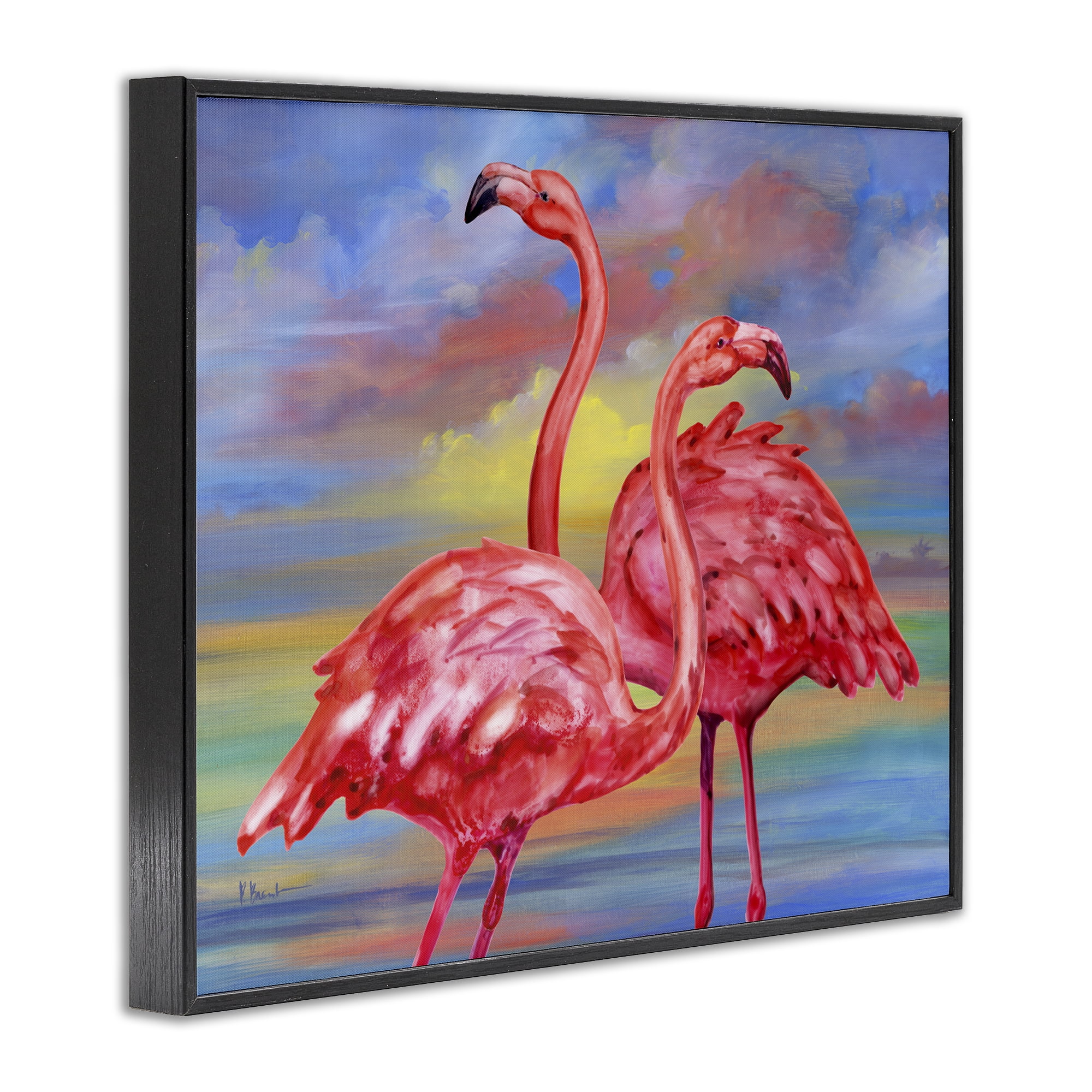 Stupell Industries Rainbow Sunset Flamingos Animals & Insects Painting Black Framed Art Print Wall Art, 14 x 11