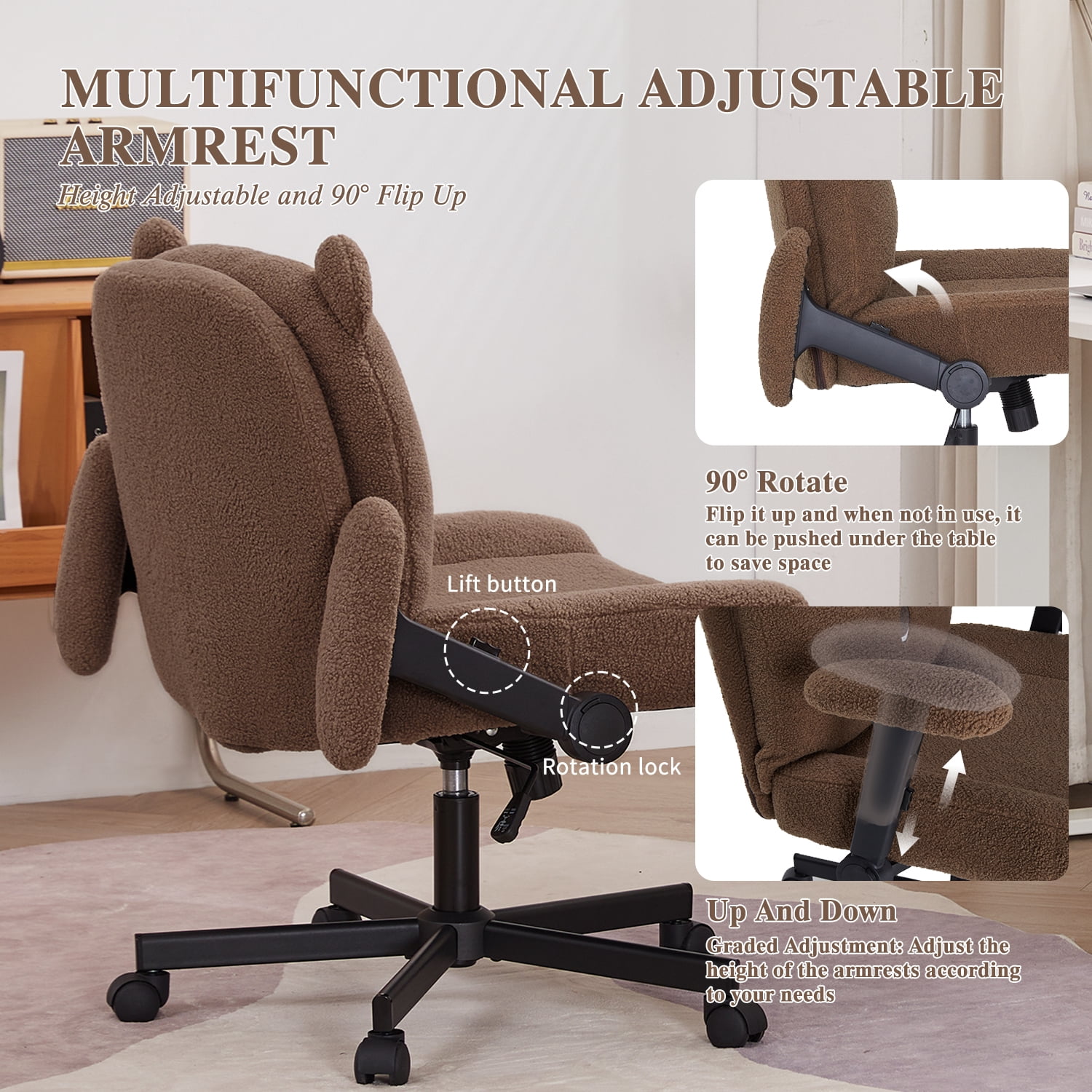Criss Cross Legged Chair with Wheels and Flip-up Arms, Ergonomic Wide Seat Computer Desk Chair, Comfortable Home Office Computer Chair 300lbs