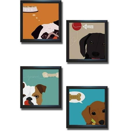 Artistic Home Gallery 1212603BS Peek a Boo Dog Collection by Yuko Lau Premium Black Framed Canvas Wall Art Set - 4 Piece