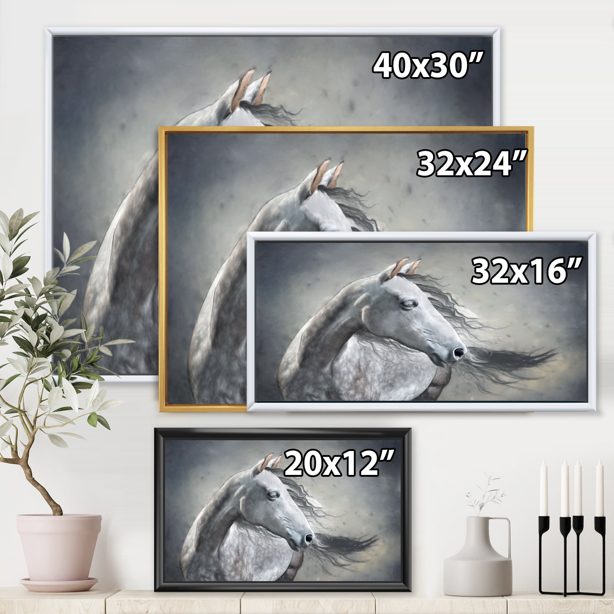 Designart 'Black and White Portrait Of A Wild Horse' Farmhouse Framed Canvas Wall Art Print