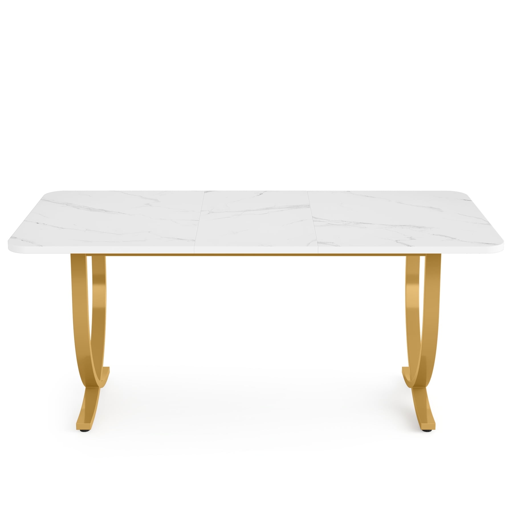 Fnova 63" Modern Long Dining Table for 6 people, Rectangular Faux Marble Kitchen Table with Metal Legsfor Dining Room, White Gold