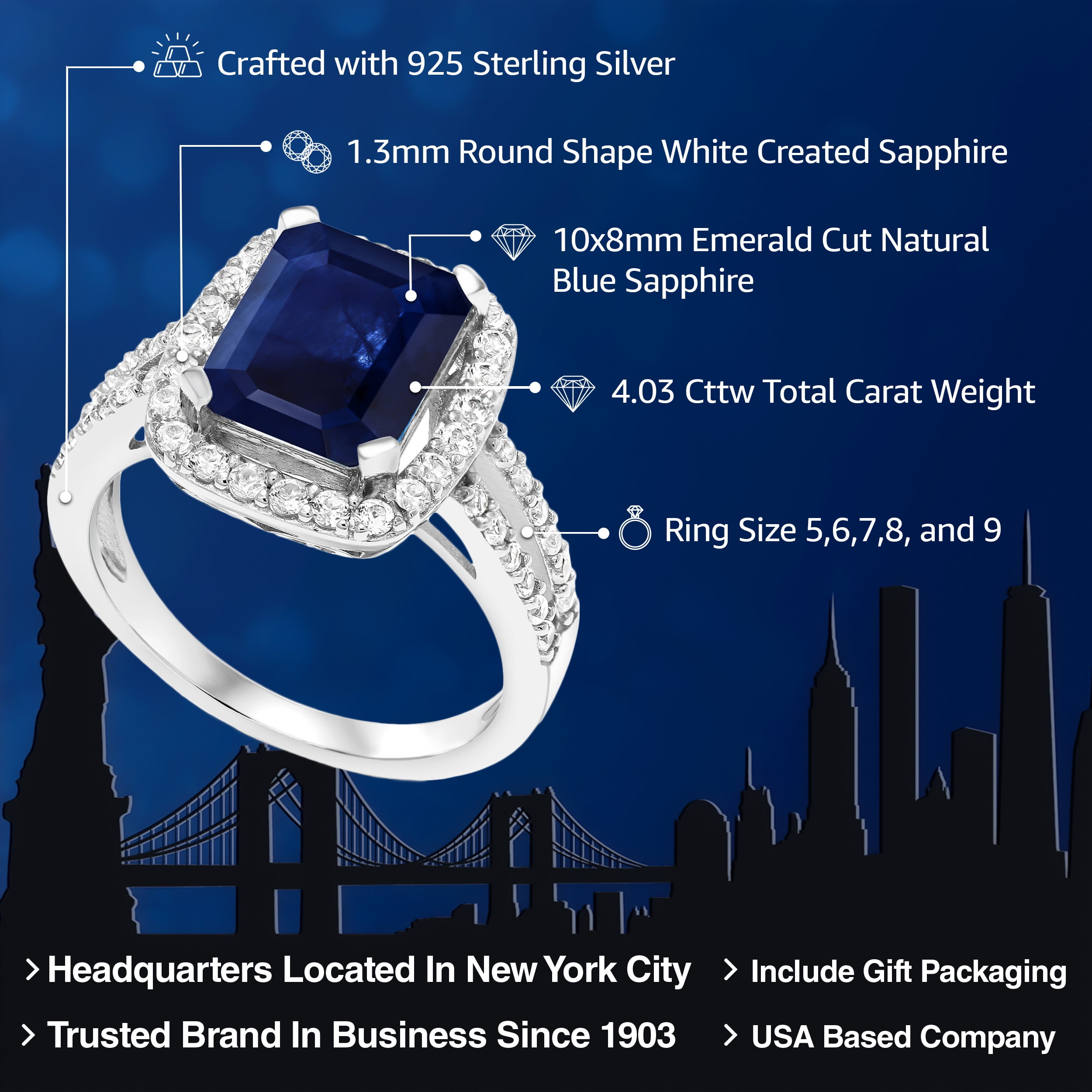 Gem Stone King 4.03 Cttw Blue Sapphire Engagement Ring for Women | 925 Sterling Silver | 10X8MM Emerald Cut | Wedding Engagement Anniversary Promise Ring for Women| Size 6