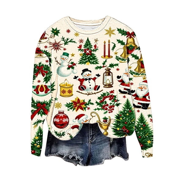 Women's Christmas Sweatshirt Santa Print Long Sleeve Crewneck Dropped Shoulder Pullover Top White-1 S