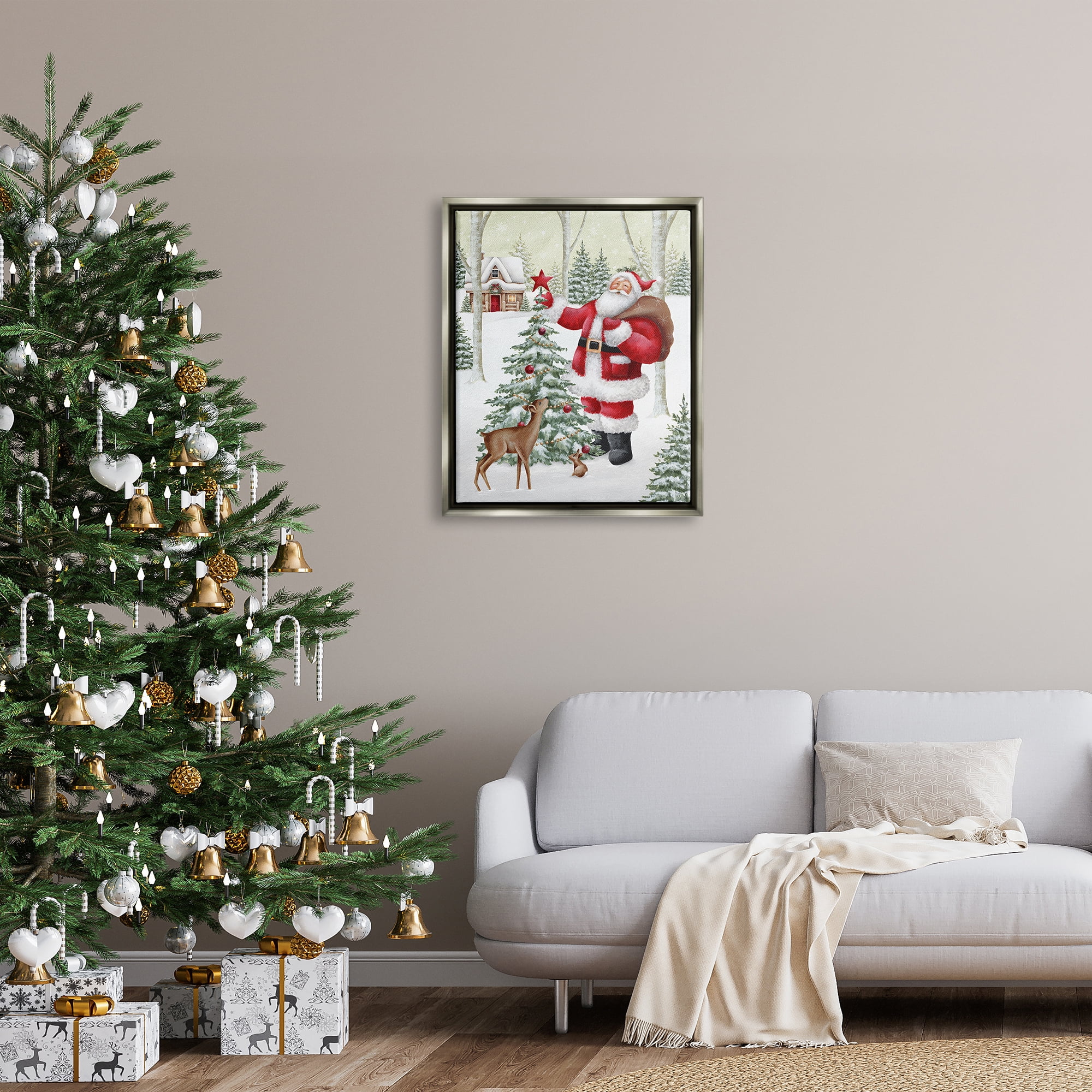 Stupell Industries Santa & Snowy Cabin Holiday Painting Gray Floater Framed Canvas Art Print Wall Art, 25 x 31