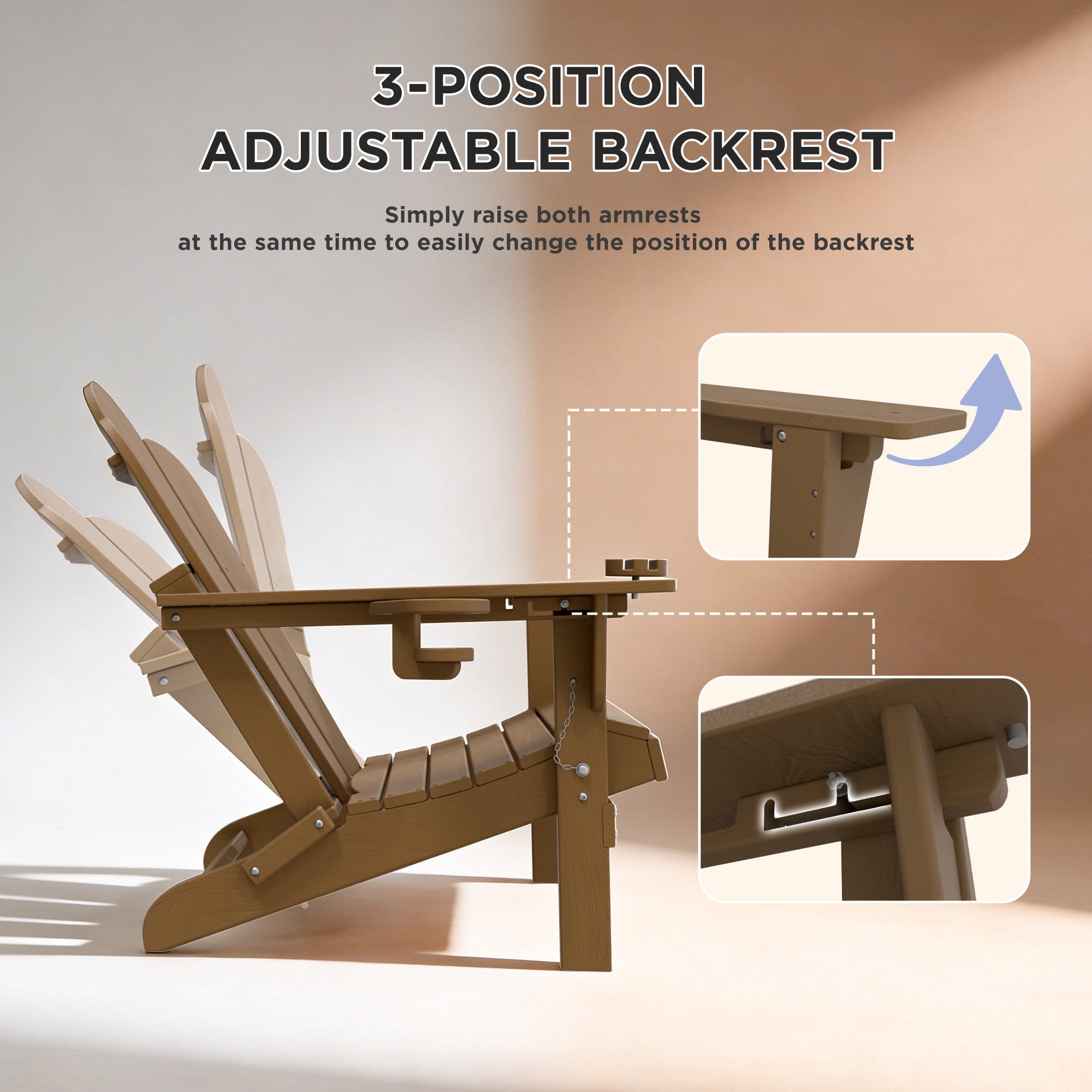 Tappio Folding Adirondack Chair Set of 2, All Weather HDPE Outdoor Patio Chairs with 3- Position Adjustable Backrest, Detachable Multifunctional Holders and Cup Holders, Fire Pit Chairs, Brown