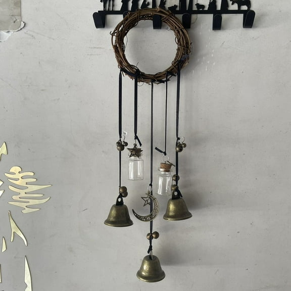 Toudaret Doorknob Hanging Witch Bell Decoration, Vintage Round Rattan Hanging Door Handle Wind Chime Ornament Pendant, Home Decoration