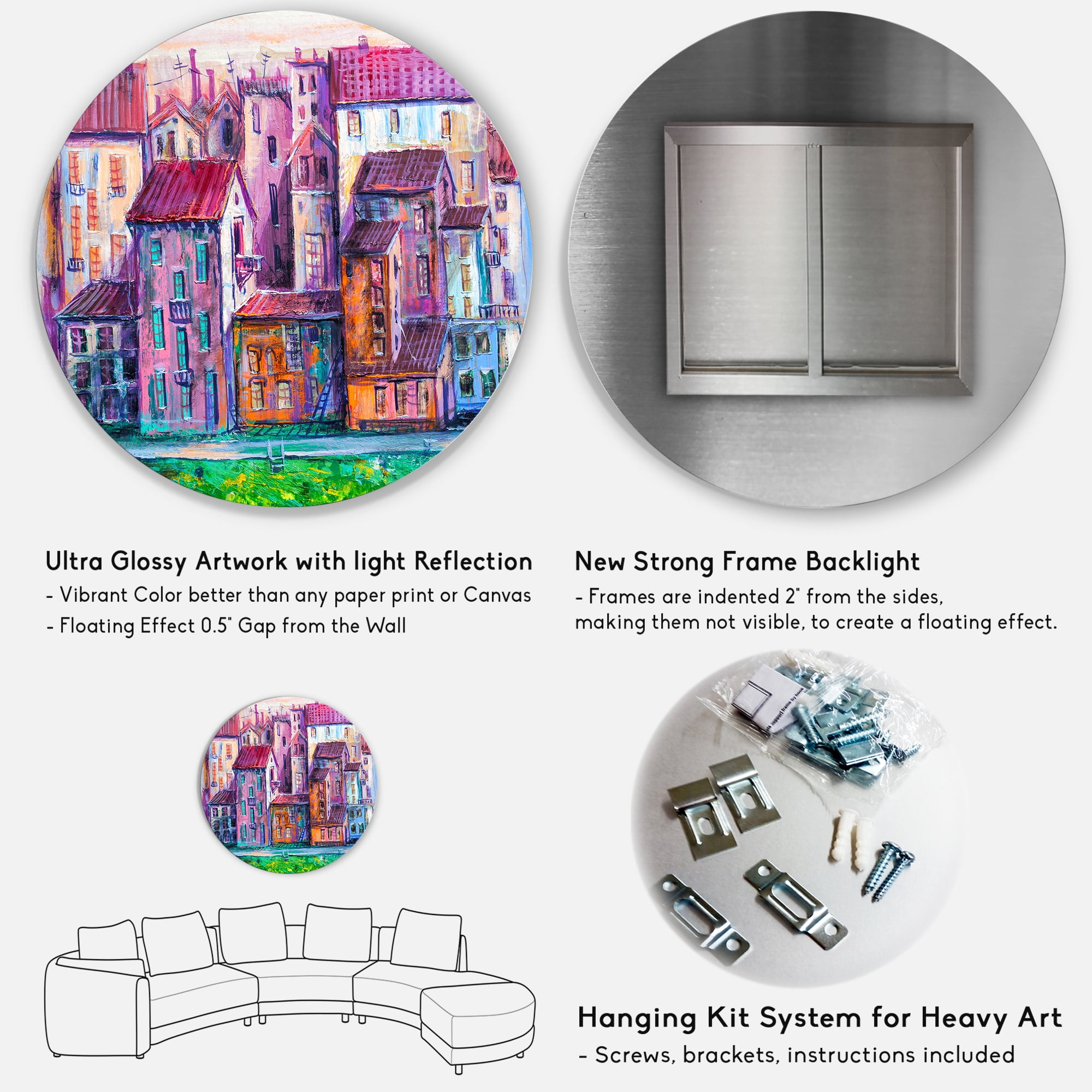 Designart 'Street With Colorful Old Homes Landscape' Modern Circle Metal Wall Art 36x36 - Disc of 36