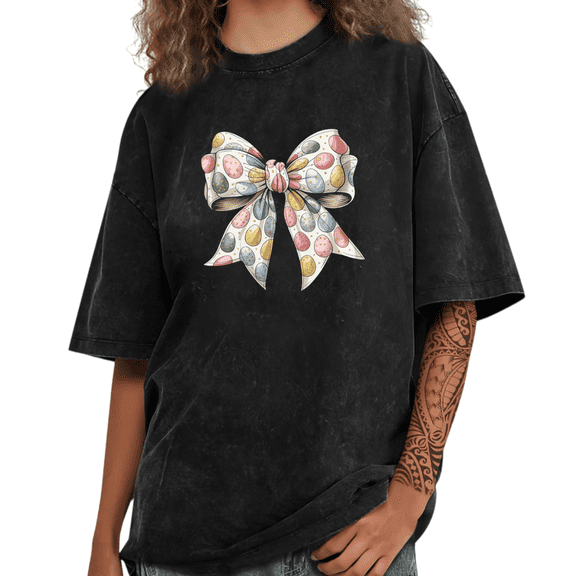 Easter Eggs Coquette Bow Graphic Timeless Versatile Tees T Shirt Tops Cotton Short Sleeve Black S-2XL Plus Size