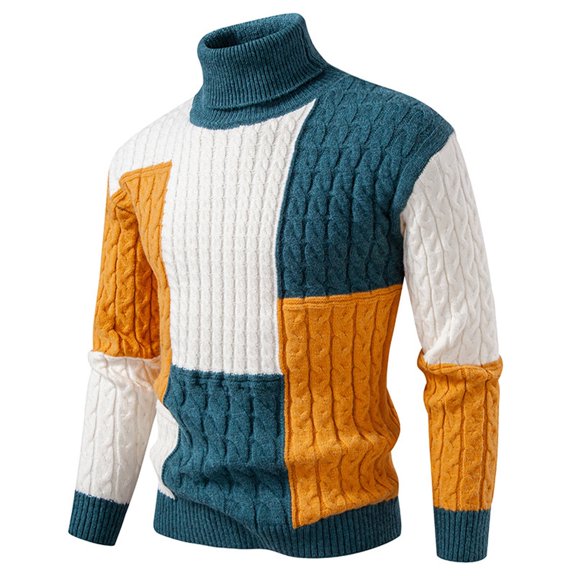 GBSYEWXS Men Pullover Sweaters Long Sleeve Pullover Trendy Color Block Casual Green High Neck Sweater
