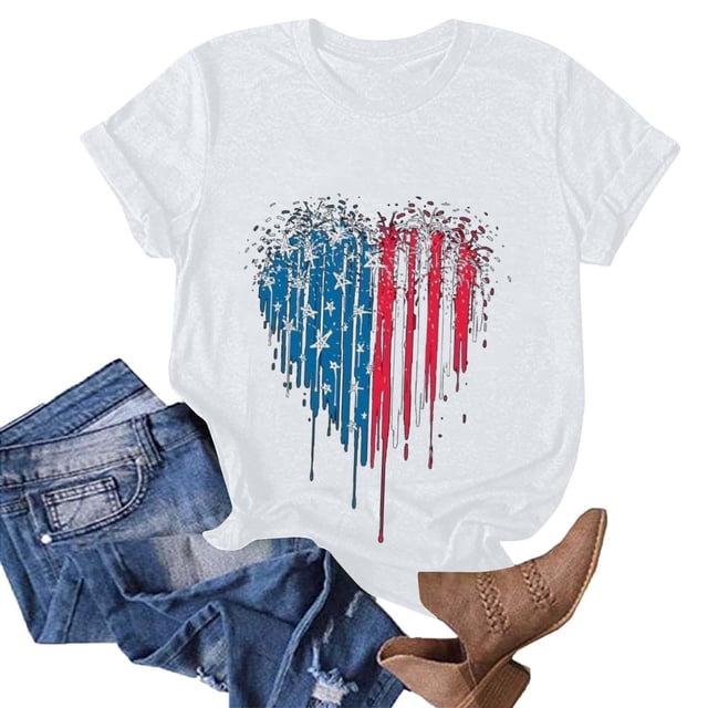 Lolmot Femme Lndependence Day Élégant Imprimé Col Rond Manches Courtes Top