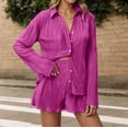 thumbnail image 2 of Women's 2 Piece Shorts Sets Pleated Button Down Long Sleeve Solid Color Shirt Outfits Summer Hawaiian Beach Vacation Loose Suits, 2 of 5