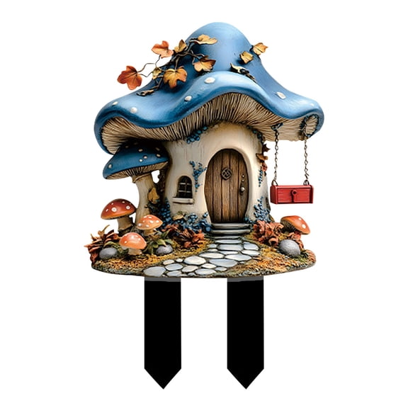 Qiweii Dreamy Mushroom House 2D Garden Stake,Fairytale Themed Outdoor Yard Decor,Patio Landscape Decorative Prop