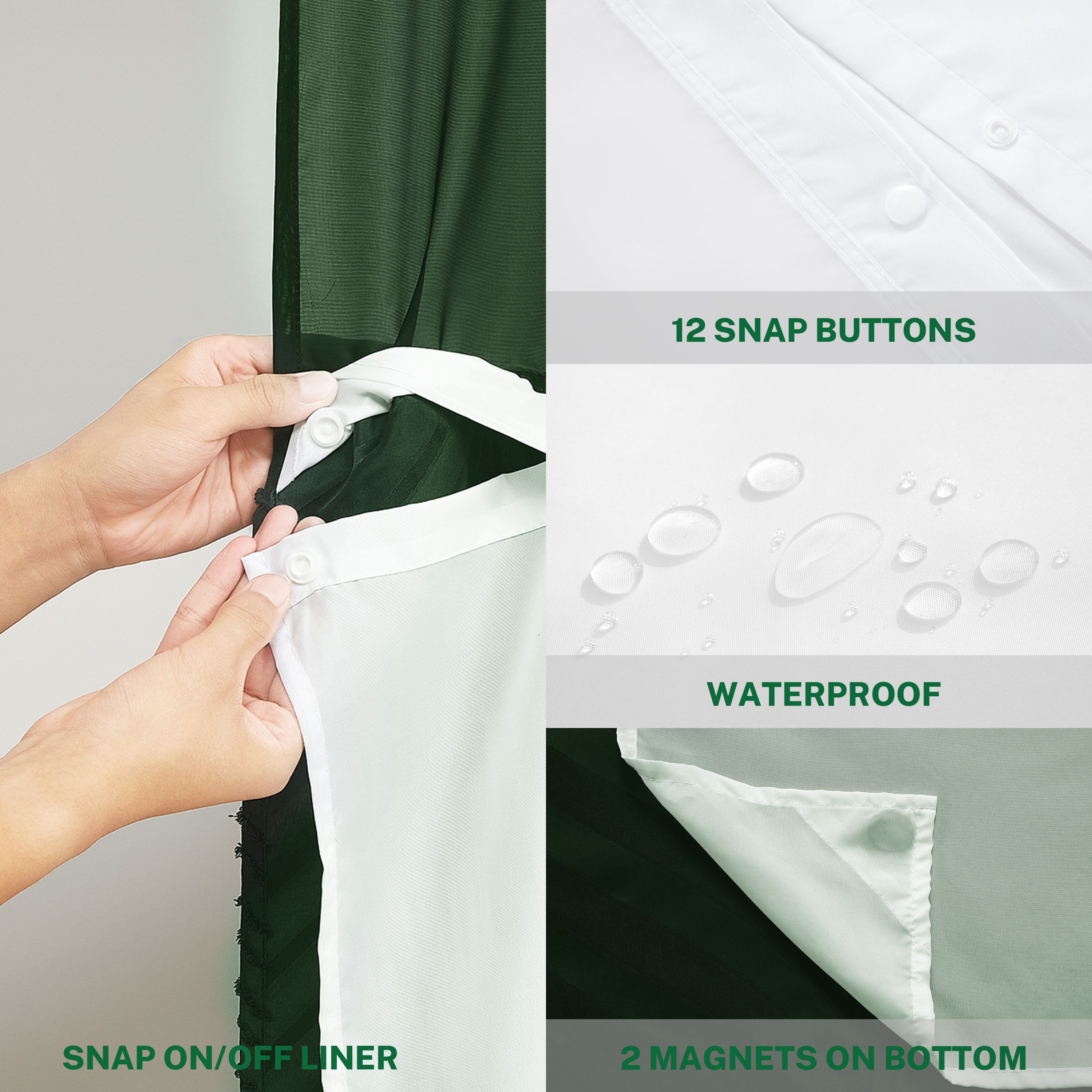 Siiluminisoy Dark Green Hookless Shower Curtain with Snap in Liner, Boho Tufted Geometric Striped Design Fabric No Hook Waterproof Mesh Window Bathroom Curtain, 71"X 86"
